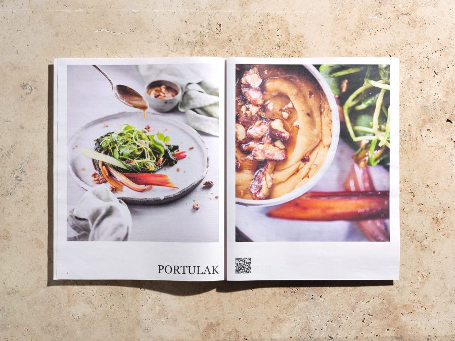 TASTE APPEAL– Magazin aufgeschlagen mit Rezept: Portulak-Mangold-Salat mit Tahin-Dressing und karamellisierten Walnüssen