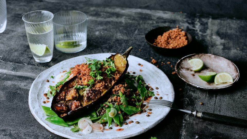 Geschmorte Harissa-Auberginen mit Linsen - Foto von Kräuter-Salat mit Limette auf Teller im Closeup - Rezept der Ausgabe querbeet vom Foodmagazin taste appeal–