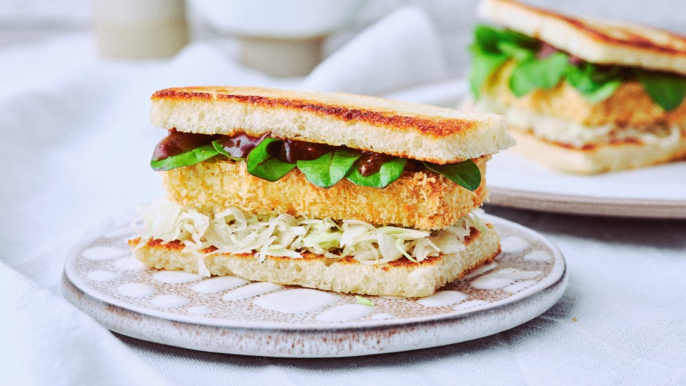 Totale von Tonkatsu Sandwich mit Weißkohl, japanischem Schnitzel und Salat auf hellem Teller serviert, ein TASTE APPEAL– Rezept aus der KNUST- Ausgabe